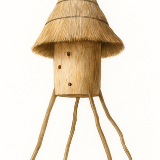 a log beehive on stilts with a straw roof