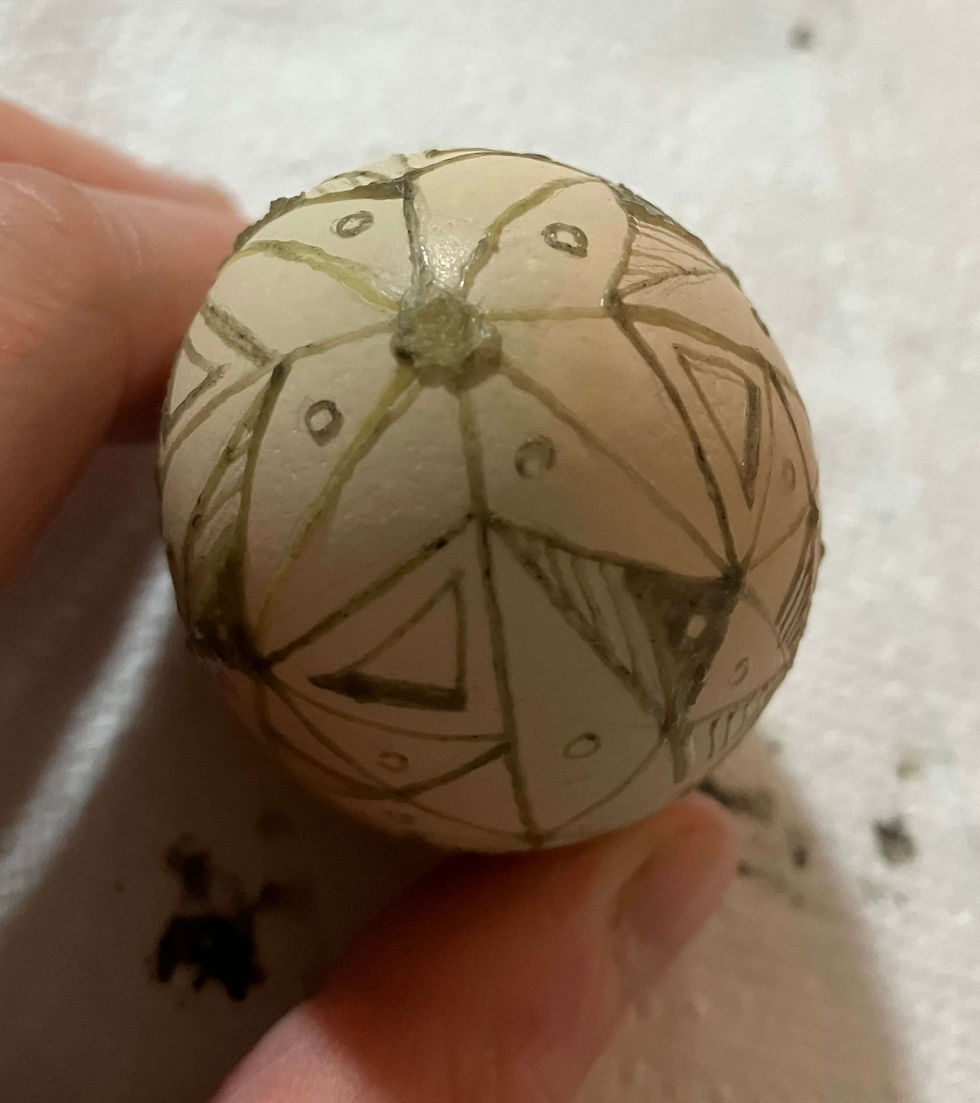 Beeswax pattern has been drawn on to an egg. It is going to become pysanky.