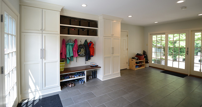 Residential mudroom with custom cabinetry