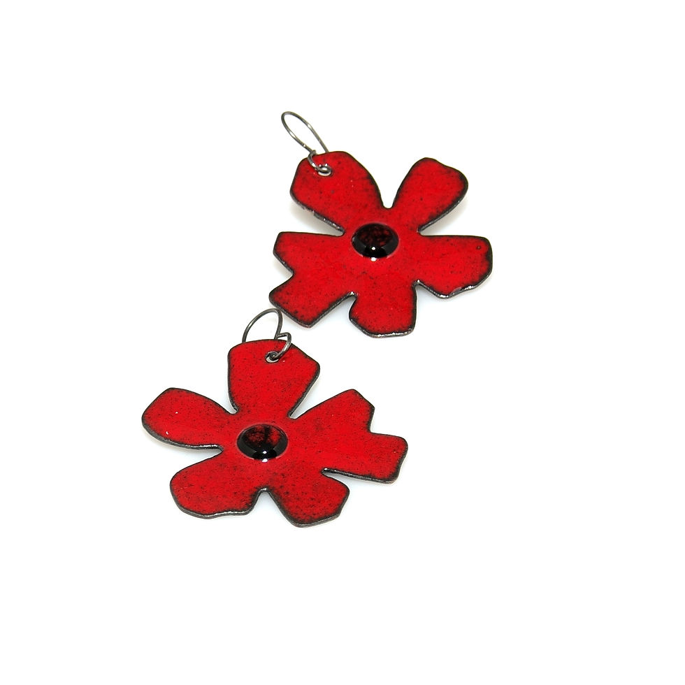 Cercei roșii cu model floral abstract din cupru emailat