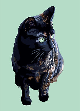 Digital illustration of a black and calico cat on a green background