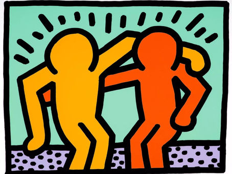 Keith Haring style figures with bold lines and vibrant colors exploring simplicity and complexity in pop art