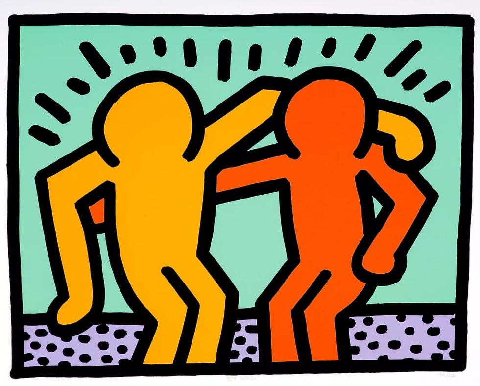 Keith Haring style figures with bold lines and vibrant colors exploring simplicity and complexity in pop art