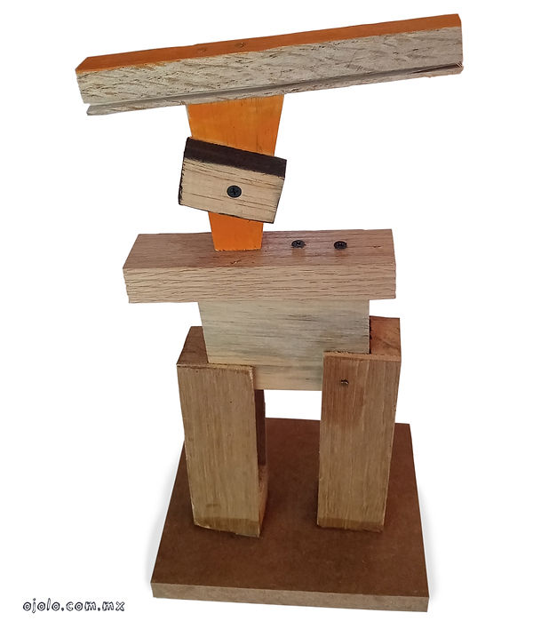 wooden eye 7. Vertical wooden sculptural composition with stacked geometric elements, combining natural wood and orange section