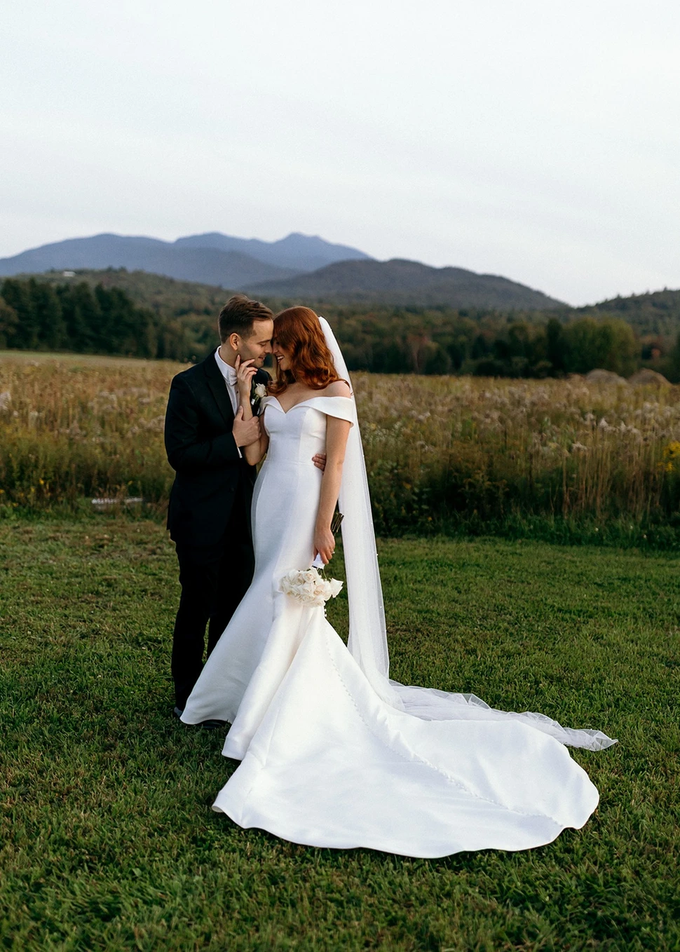 bride and groom outdoors at Vermont wedding venue