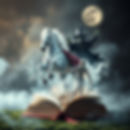 a fantasy dreamlike image of a magical book with a white horse, wizard, cowboy, frankenste