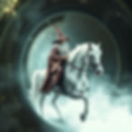 fantasy dreamlike image of a wizard looking riding a white horse entering a time travel ma