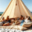 create an image that shows a bohemian style teepee tent with 6-7 people sitting in a circl