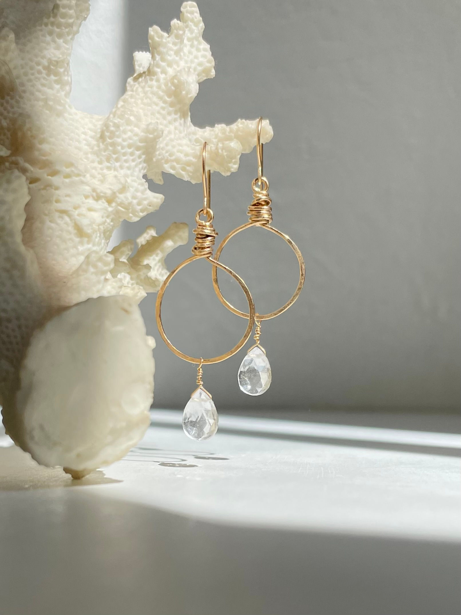 Dainty Sparkling Clear Quartz Circle Earrings on lightly hammered 14k Gold-Filled or Sterling Silver, Dainty Quartz Earrings
