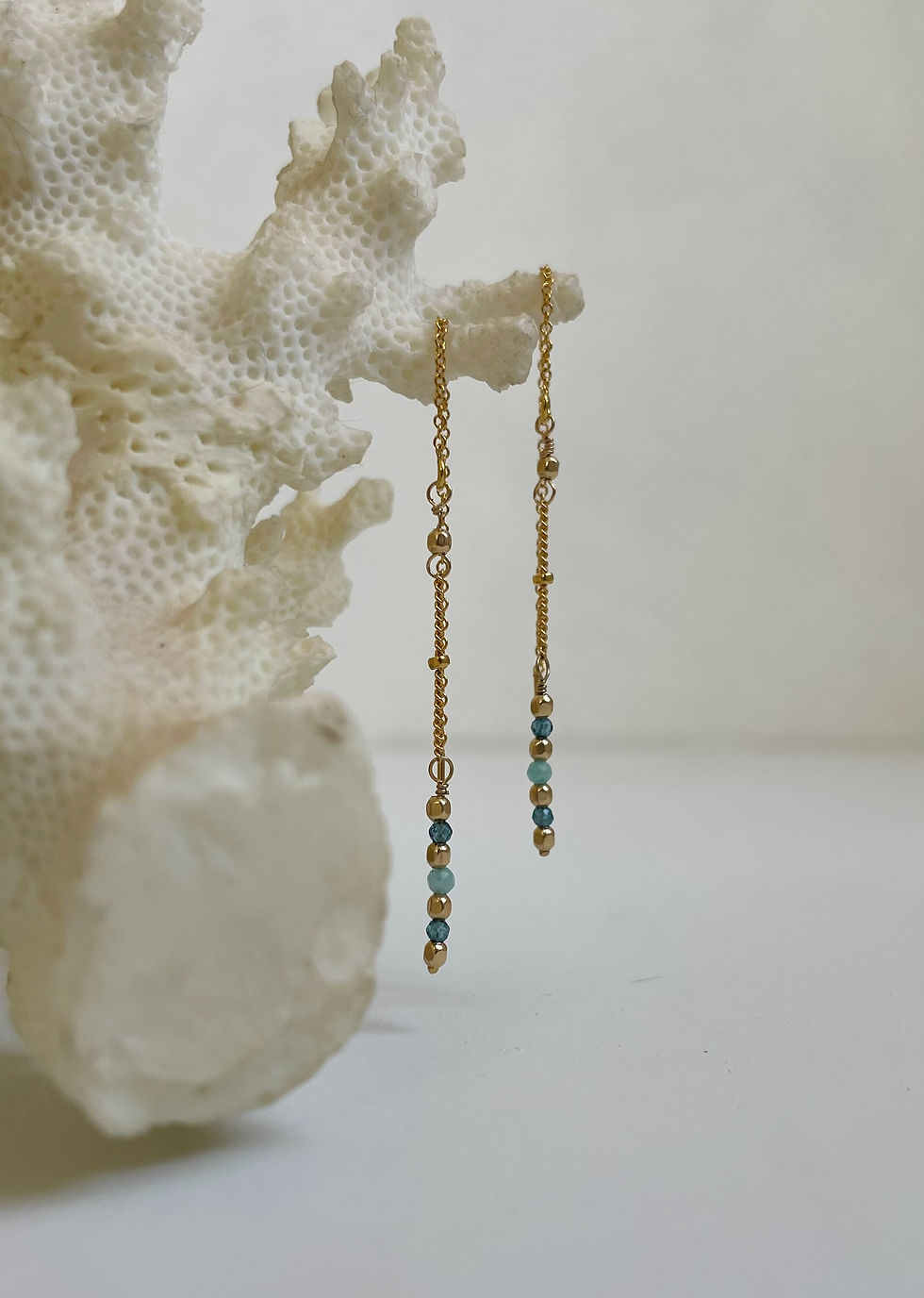 Thumbnail: Dainty London Blue Topaz and Amazonite 14k Gold Filled Threader Earrings, Dangling Earrings, Minimalist Earrings