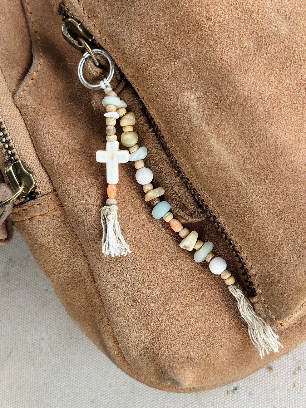 Thumbnail: spiritual keychain, gemstone cross keychain, gemstone cross handbag accessory, meaningful graduation gift for her, boho cross