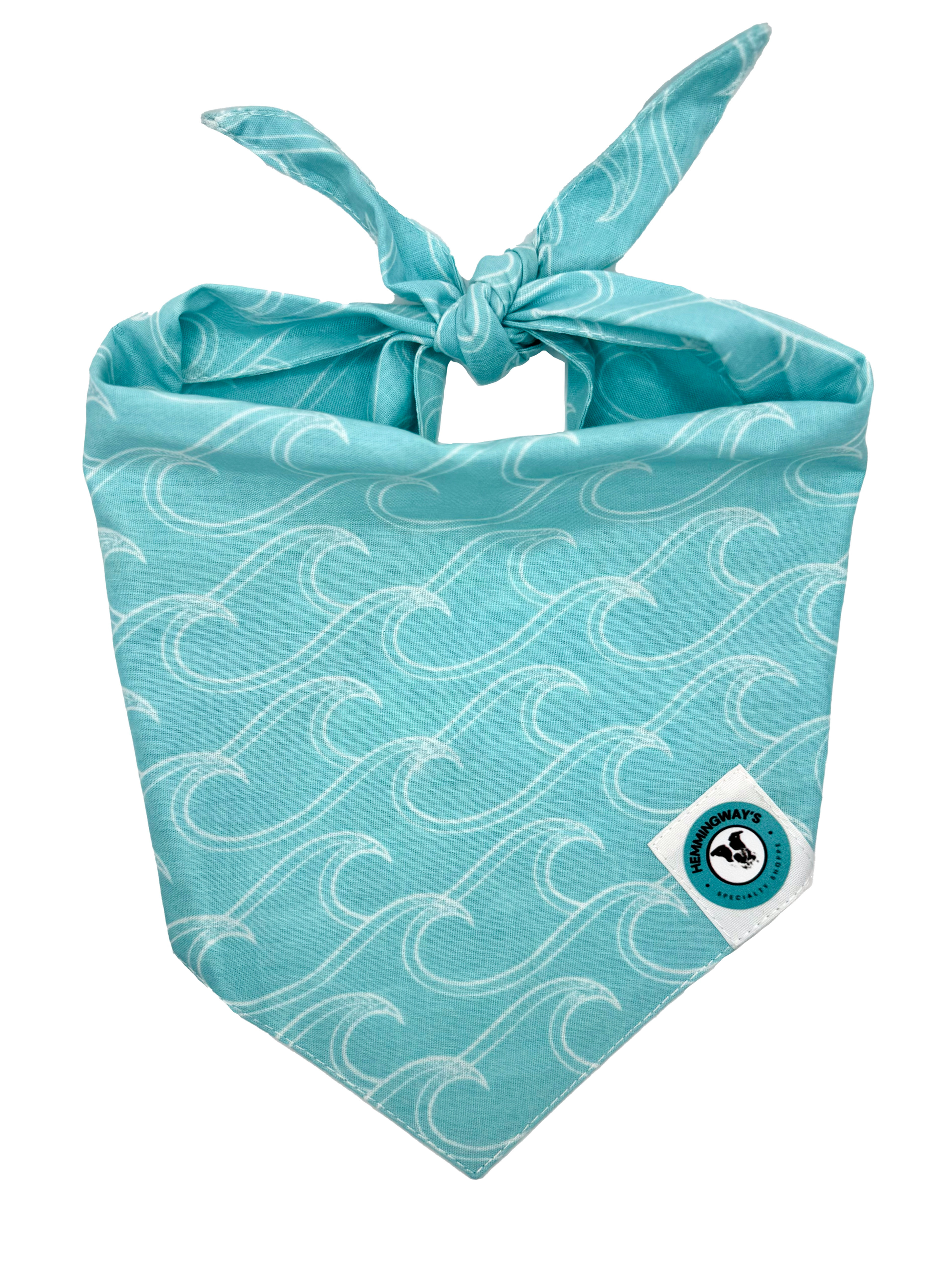 Handmade Coastal dog bandana with beach waves pattern, lightweight cotton pet accessory