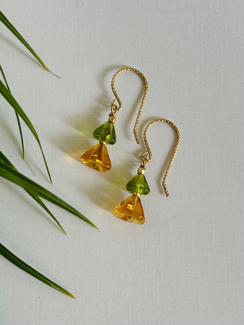 Thumbnail: boho flower earrings, gold sparkle earrings, czech glass earrings, tropical earrings, puakenikeni earrings, boho earrings