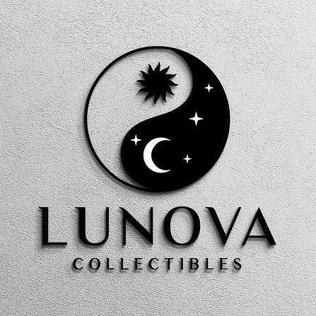 3D generated logo for "Lunova Collectibles" featuring yin yan with the sun, the moon, and stars.