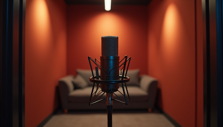 Eye-level view of a cozy recording booth with soft ambient lighting