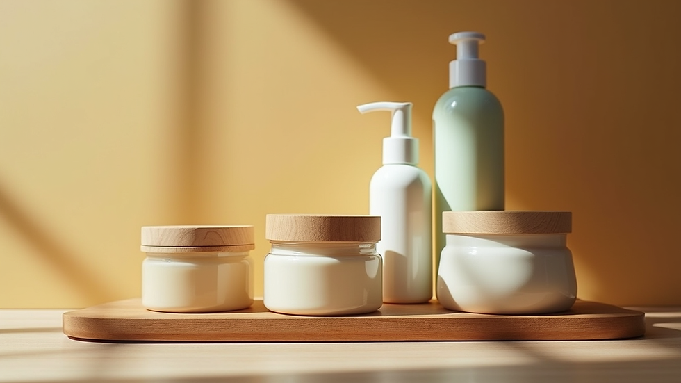 Eye-level view of a variety of natural cosmetic jars and bottles arranged on a wooden table