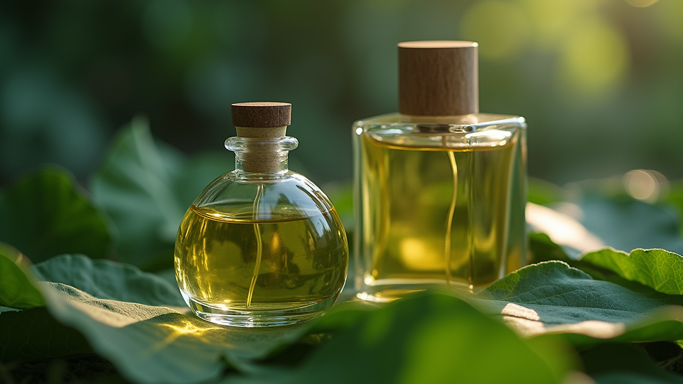Vue rapprochée d’un flacon de parfum vegan posé sur un lit de feuilles vertes