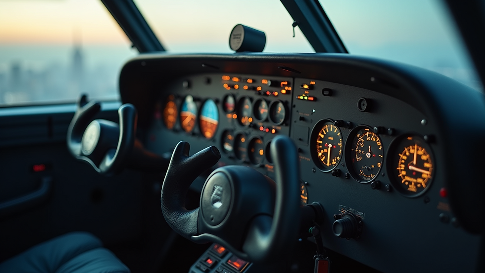 Close-up view of airplane dashboard with gauges and controls