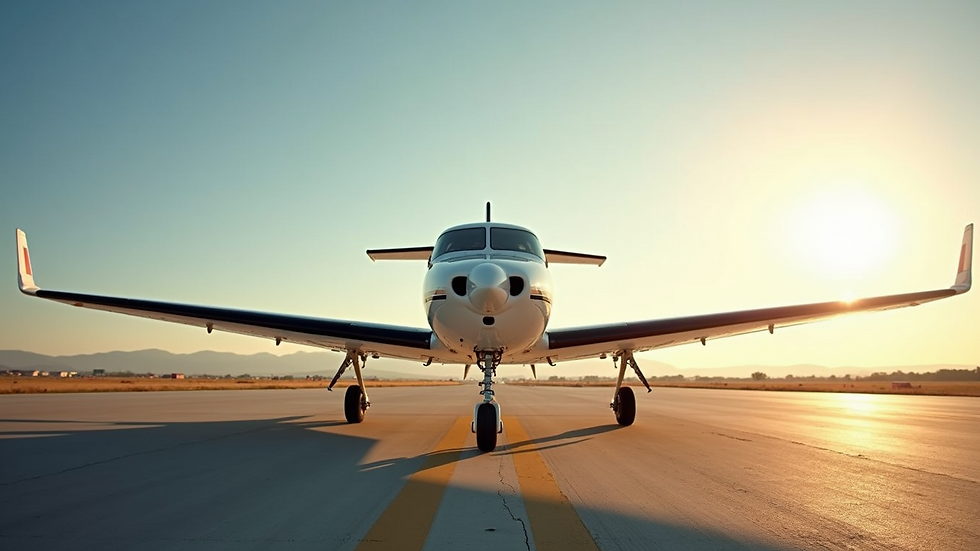Eye-level view of a small private airplane parked on a sunny airstrip