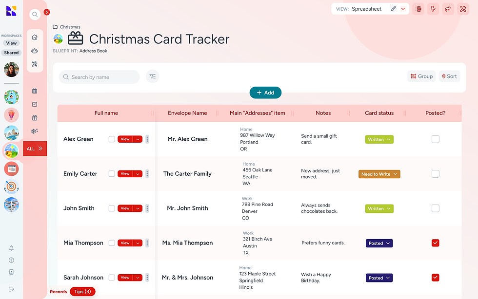 Christmas Card Tracker page on hylark in a spreadsheet view with names, addresses, and notes. Card statuses: Written, Need to Write, Posted. Clear interface.