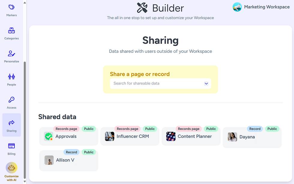 Screenshot of the Customization Builder on Hylark, open to the Sharing tab. The screen shows options to share pages or records outside the workspace, with a search bar labeled “Share a page or record.” Below, shared data items are listed — Approvals, Influencer CRM, Content Planner, Allison V, and Dayana — each marked as public. The sidebar on the left displays Builder menu options like Markers, Categories, People, Access, and Sharing.