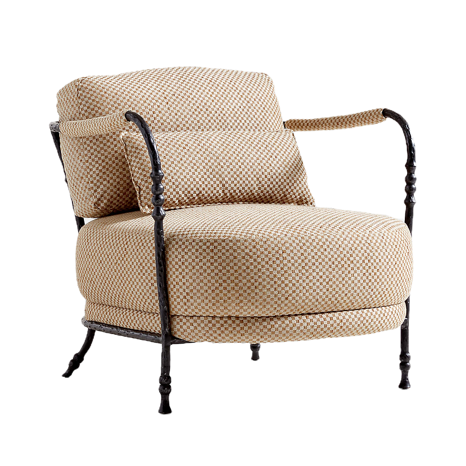 Sculptural metal accent chair in checkerboard pattern fabric