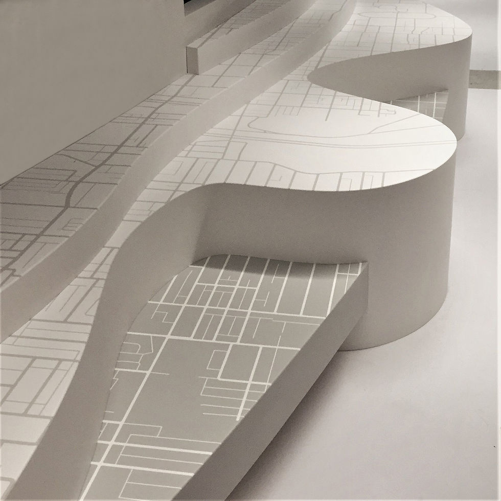 Curved modern seating with city map floor graphics.
