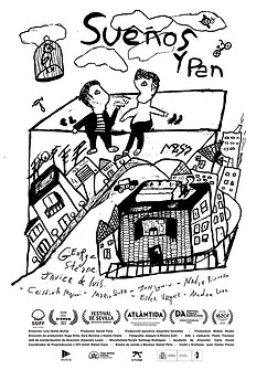 Cartel Sueños y Pan. Dibujo algo abstracto de unos jóvenes en la ciudad. Nubes y un pájaro enjaulado en el cielo.