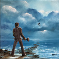 Mann mit Hammer, Vogel, Meer: Figur steht auf Felsenweg