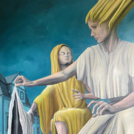 Zwei Frauen, eine gibt der anderen ein Tuch; Figur vor Gebäude