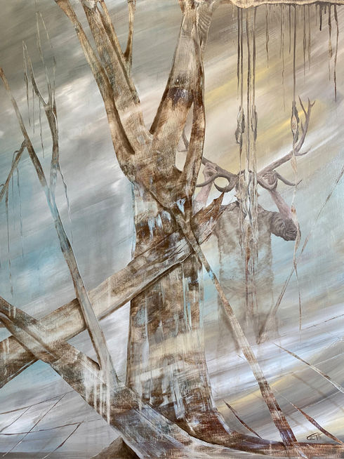 Ungerahmtes Ölgemälde „Der gehörnte Gott“ von Carola E. Thiele in der Frontalansicht. Fokus auf die goldene Aura und die archetypische Hirschgestalt im Zentrum der Komposition.