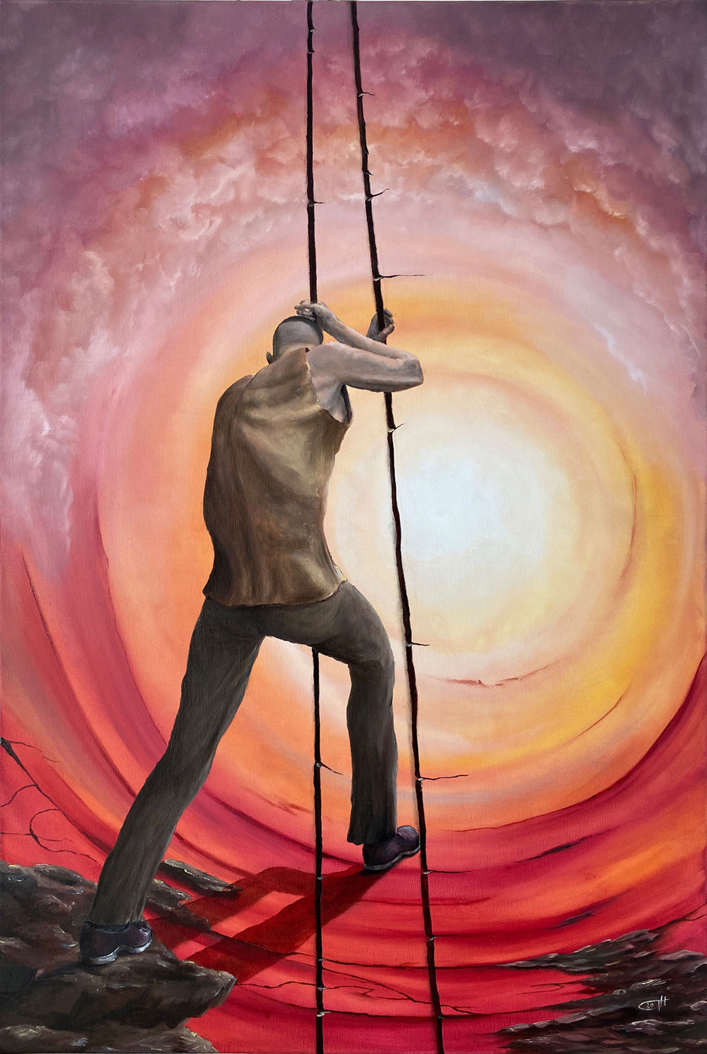 Mann steigt Leiter hinauf, Sonnenaufgang