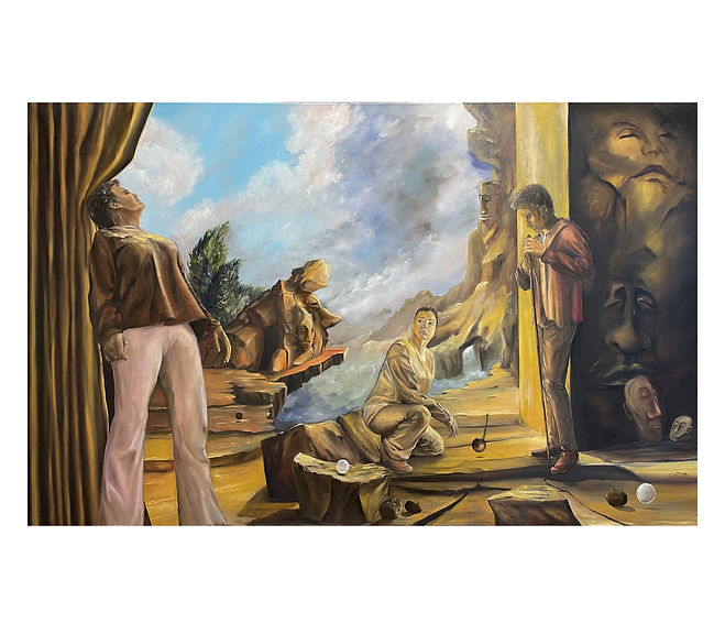 Großformatiges Ölgemälde „Zu Besuch in der Fremde“ von Carola E. Thiele aus dem Zyklus „Frauen im Zwischenraum“.
In einer surrealen Felslandschaft unter weitem Wolkenhimmel agieren drei Frauenfiguren in verschiedenen Positionen. Im Hintergrund dominieren riesige, steinerne Gesichter und Masken.
Die haptische Ölmalerei zeichnet sich durch warme Ockertöne, kräftiges Blau und eine vielschichtige Pigmentschichtung aus.