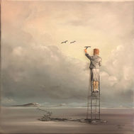 Person malt Vögel am Himmel, Figur auf Leiter,  träumerische Szenerie