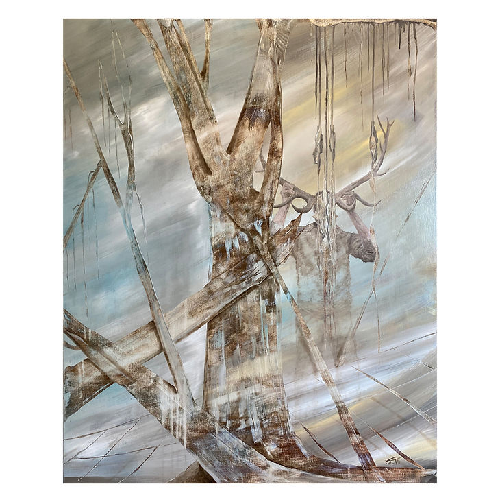 „Der gehörnte Gott“ von Carola E. Thiele. Ein majestätischer Hirsch im Wald-Zwischenraum, gemalt in vielschichtiger Öltechnik mit Fokus auf Lichtführung und Mystik.