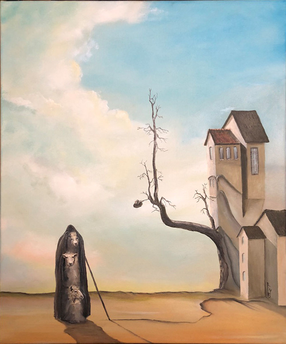  Schafe vor surrealem Haus