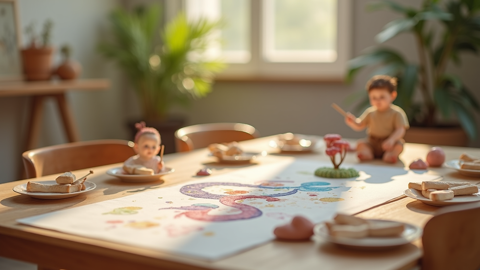 Plano cercano de una mesa con materiales de arte para niños pequeños