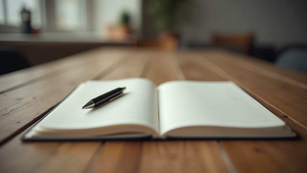 Eye-level view of a journal and pen on a wooden table