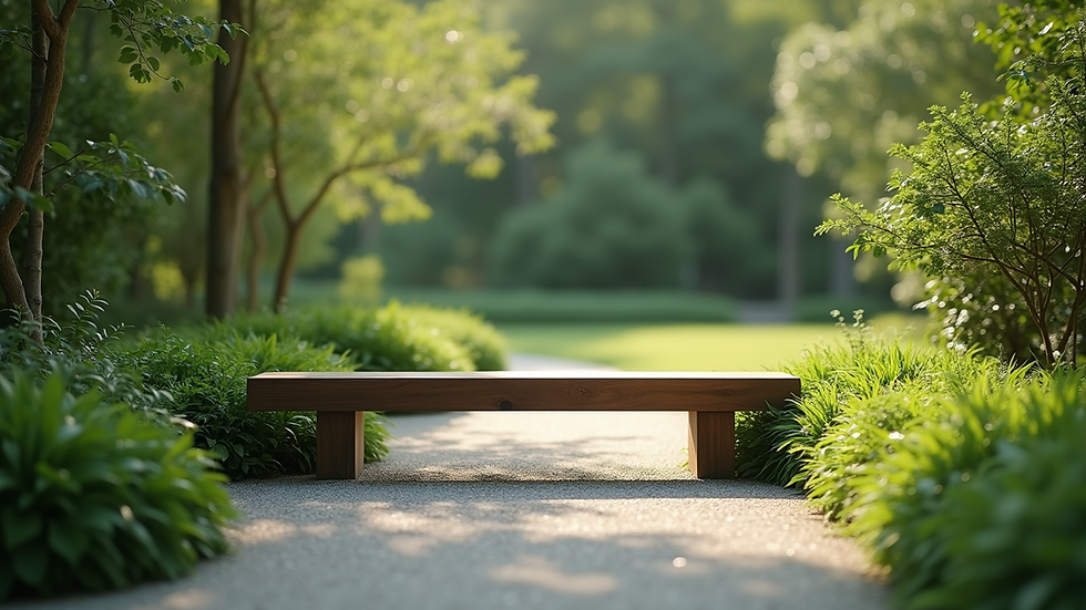 Close-up view of a serene garden with a meditation bench surrounded by greenery