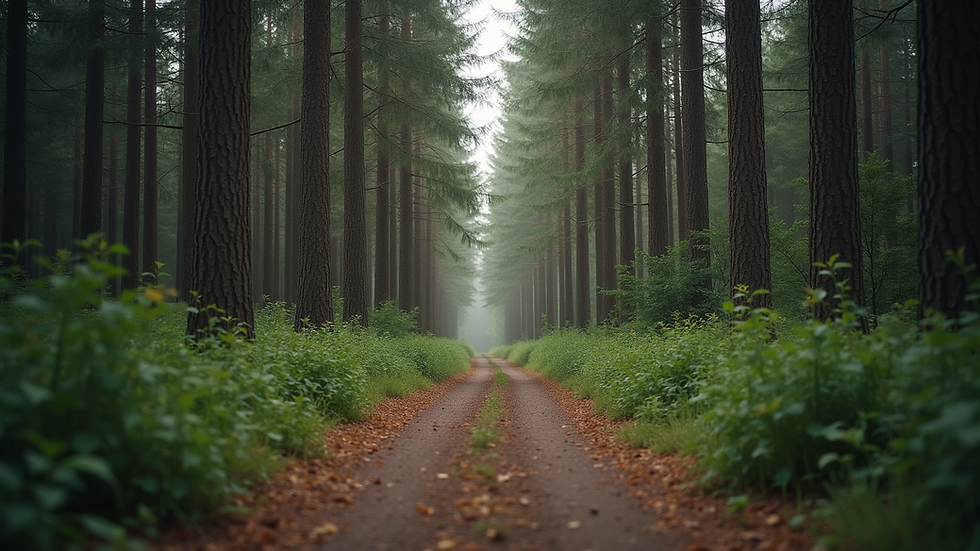Eye-level view of a quiet forest path surrounded by tall trees