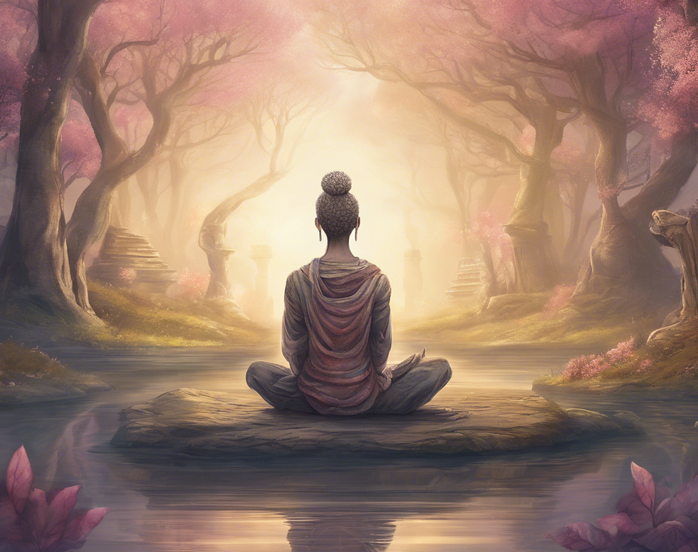 A peaceful Buddha meditating by a river in a blossoming forest, symbolizing spiritual connection and enlightenment.