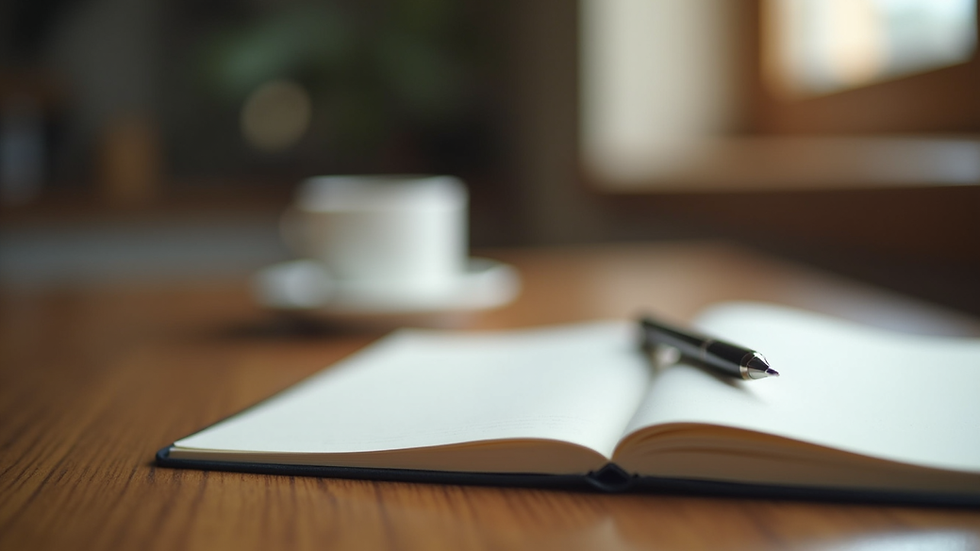 Close-up view of a journal and pen on a wooden table, symbolizing self-reflection and mindfulness