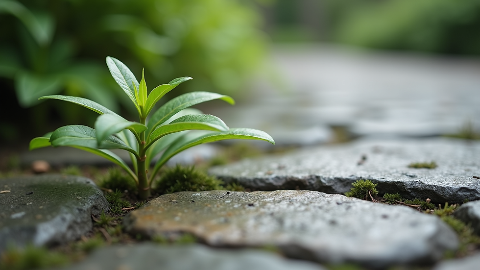 Close-up view of a small plant growing through cracks in a stone pathway