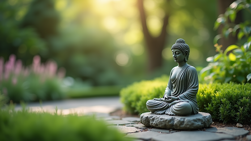 Close-up view of a serene garden with a small meditation statue surrounded by greenery