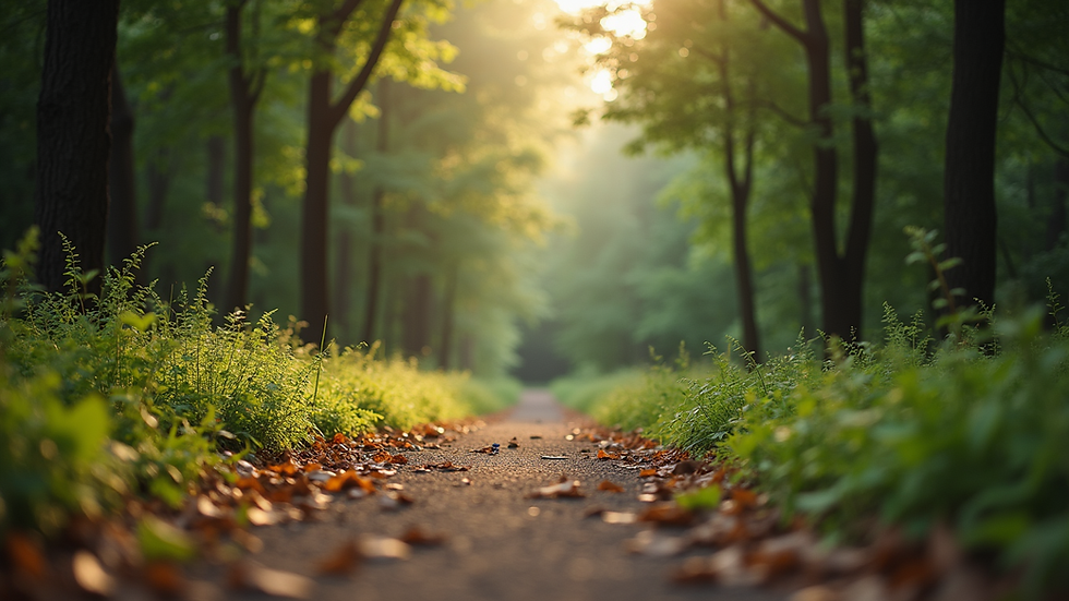 Eye-level view of a serene forest path inviting a peaceful walk