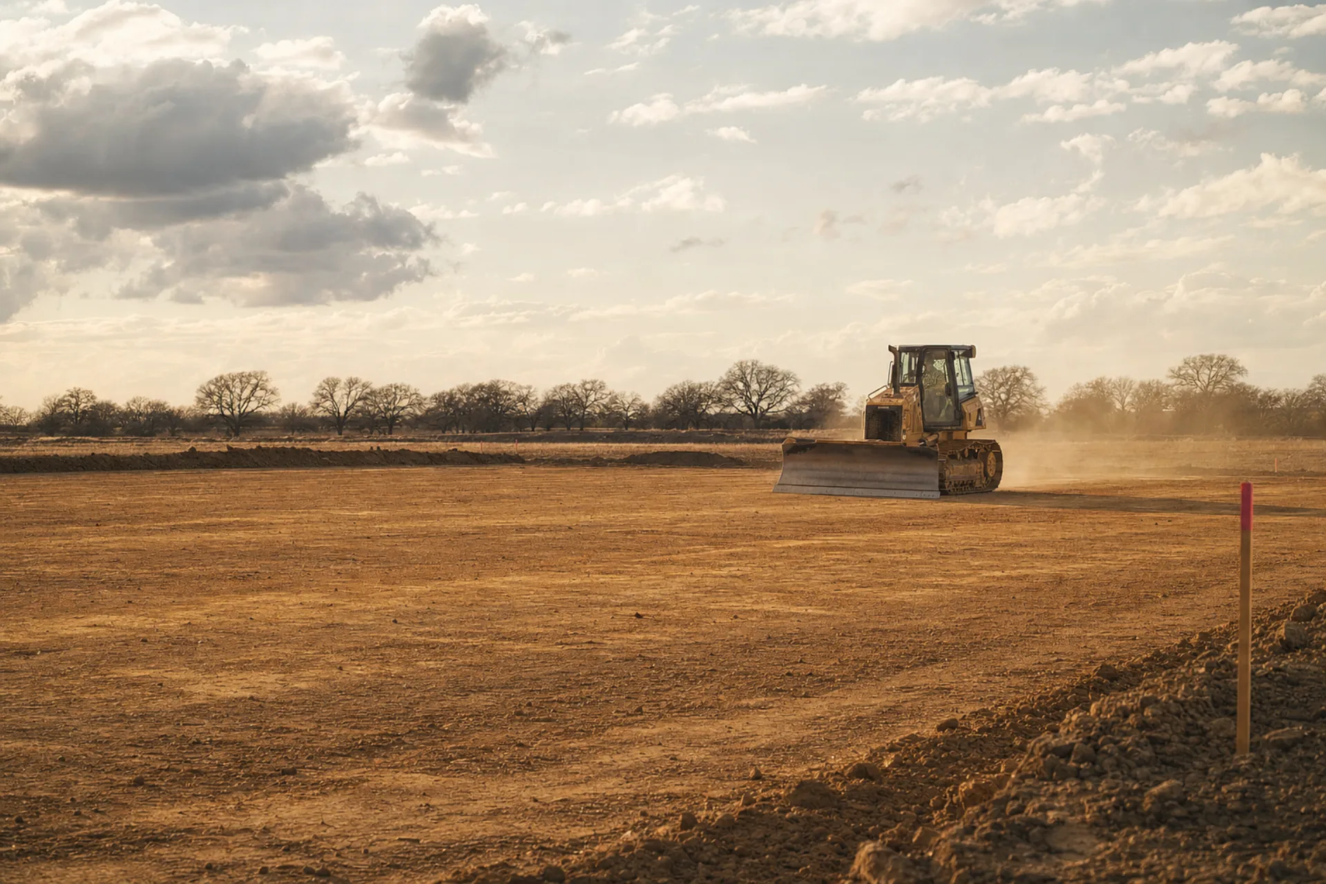 Dozer grading a building pad on an open Oklahoma site