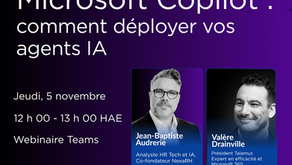 Agents IA RH Microsoft Copilot: Affiche violette du webinaire Teams Microsoft Copilot: comment déployer vos agents IA, avec deux intervenants Jean-Baptiste Audrerie de NexaRH et Valère Drainville de Talamus Inscrivez-vous.