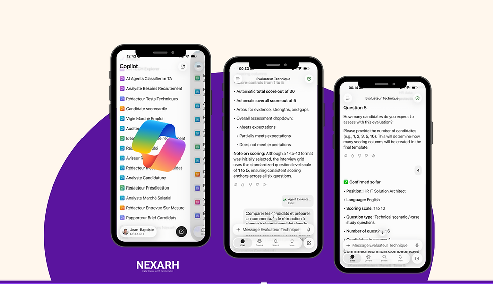 Agents IA en recrutement pour Copilot : Trois smartphones sur fond violet NEXARH, avec écrans Copilot et évaluateur technique affichant des listes et questions.