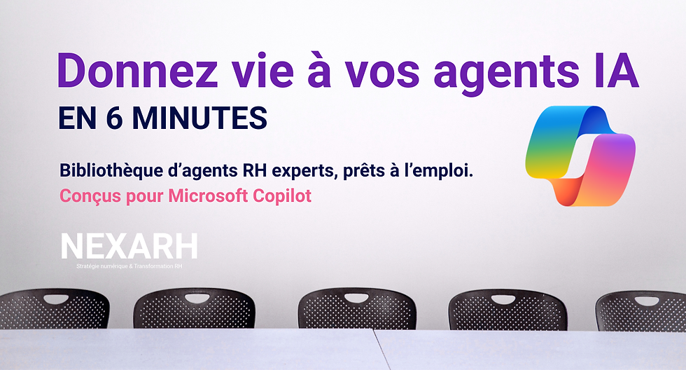 Affiche pour Agents IA en recrutement pour Copilot conçus par NexaRH. Logo Copilot et chaises de salle, texte: Donnez vie à vos agents IA en 6 minutes, NEXARH.