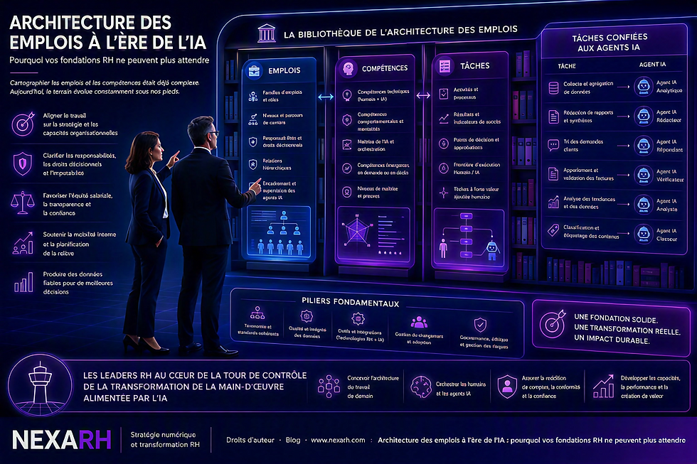 Infographie néon violette sur l’architecture des emplois à l’ère de l’IA; deux cadres consultent des panneaux de compétences et tâches.